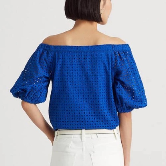 NWT Lauren Ralph Lauren Blue Eyelet Off-Shoulder Blouse - Size L - Picture 5 of 16